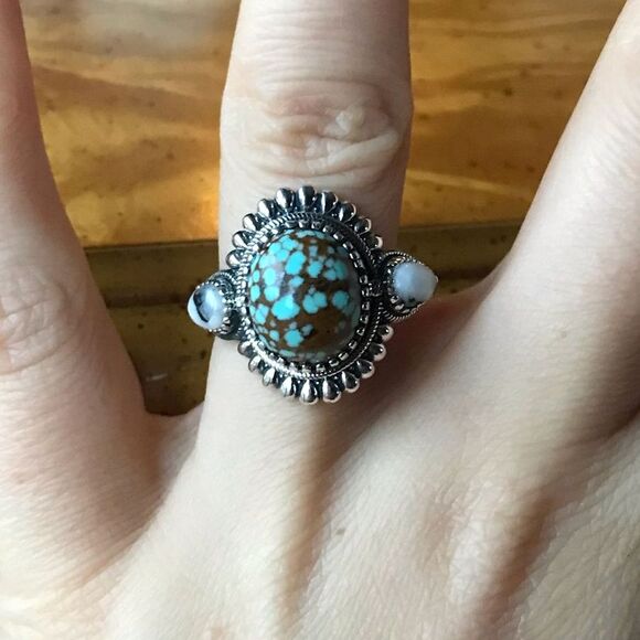Natural White Buffalo Royston Turquoise Sterling Silver Ring Size 7 - Picture 1 of 9